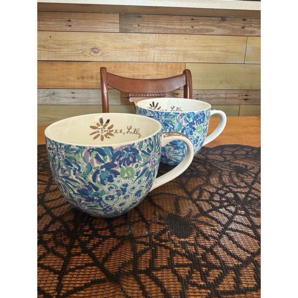 Set of 2 Lilly Pulitzer Ceramic Coffee Mug- Hidden Lion" or "Hidden Cat" design.
